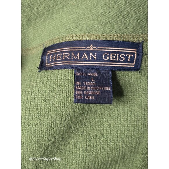 Herman Geist Womens 100% Wool Sweater Large Green Button Front Collared Classic - Picture 2 of 5